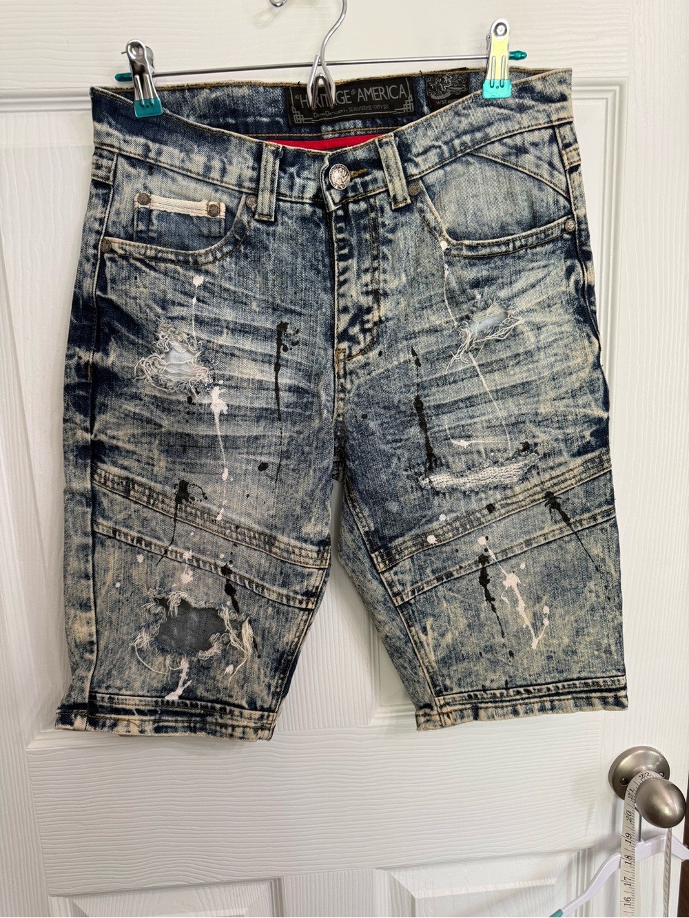 Heritage America W32 Distressed Denim Jorts Paint Splatter Baggy Streetwear